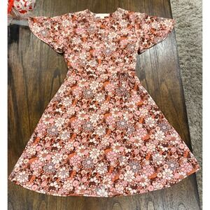 Monteau Los Angeles Floral Wrap Mini Dress Pink Orange Retro Daisy Print Small